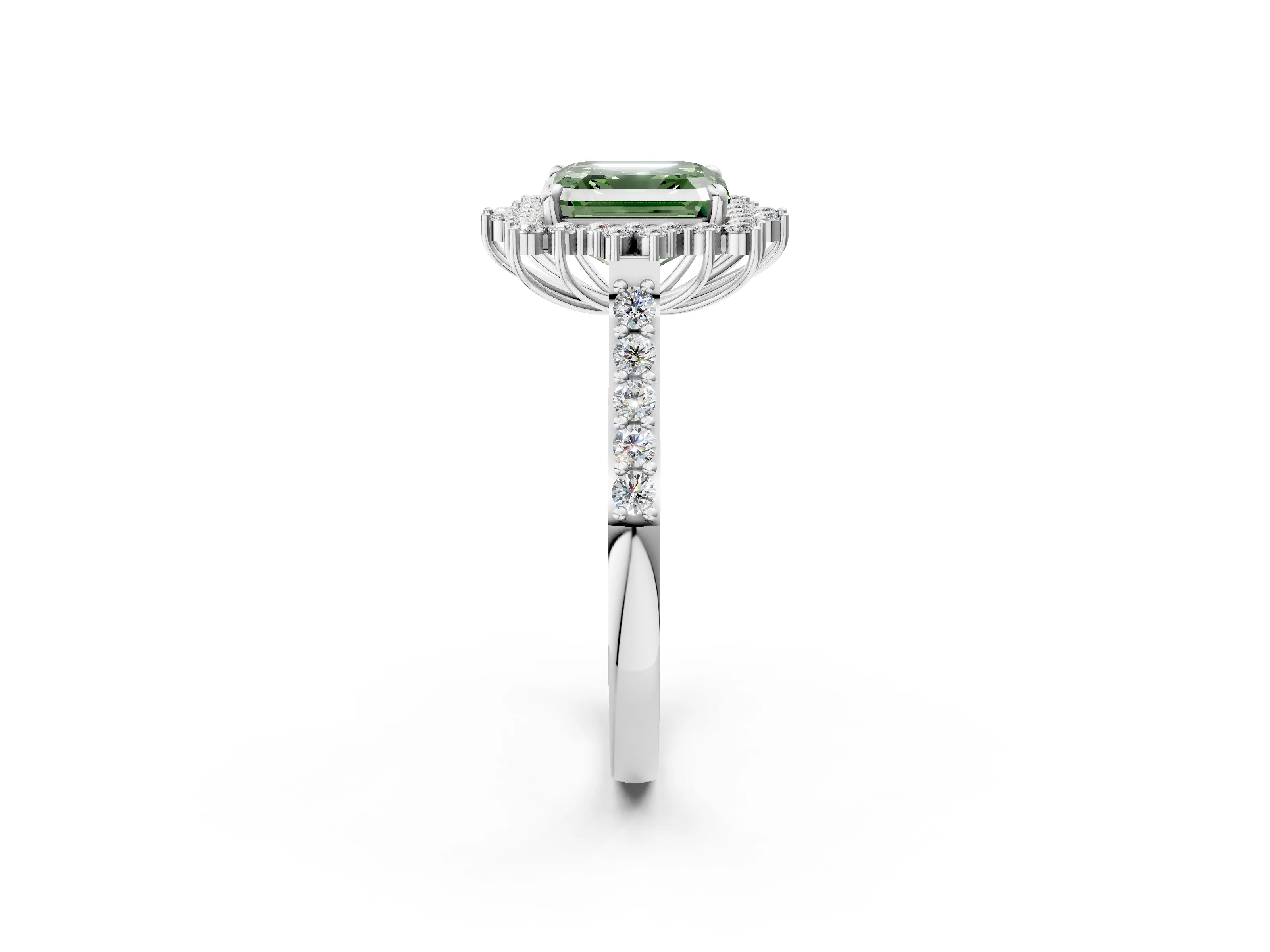 White gold Fancy Green Asscher Cut Cut Diamond Sunburst Halo Engagement Ring with Pavé Band_14