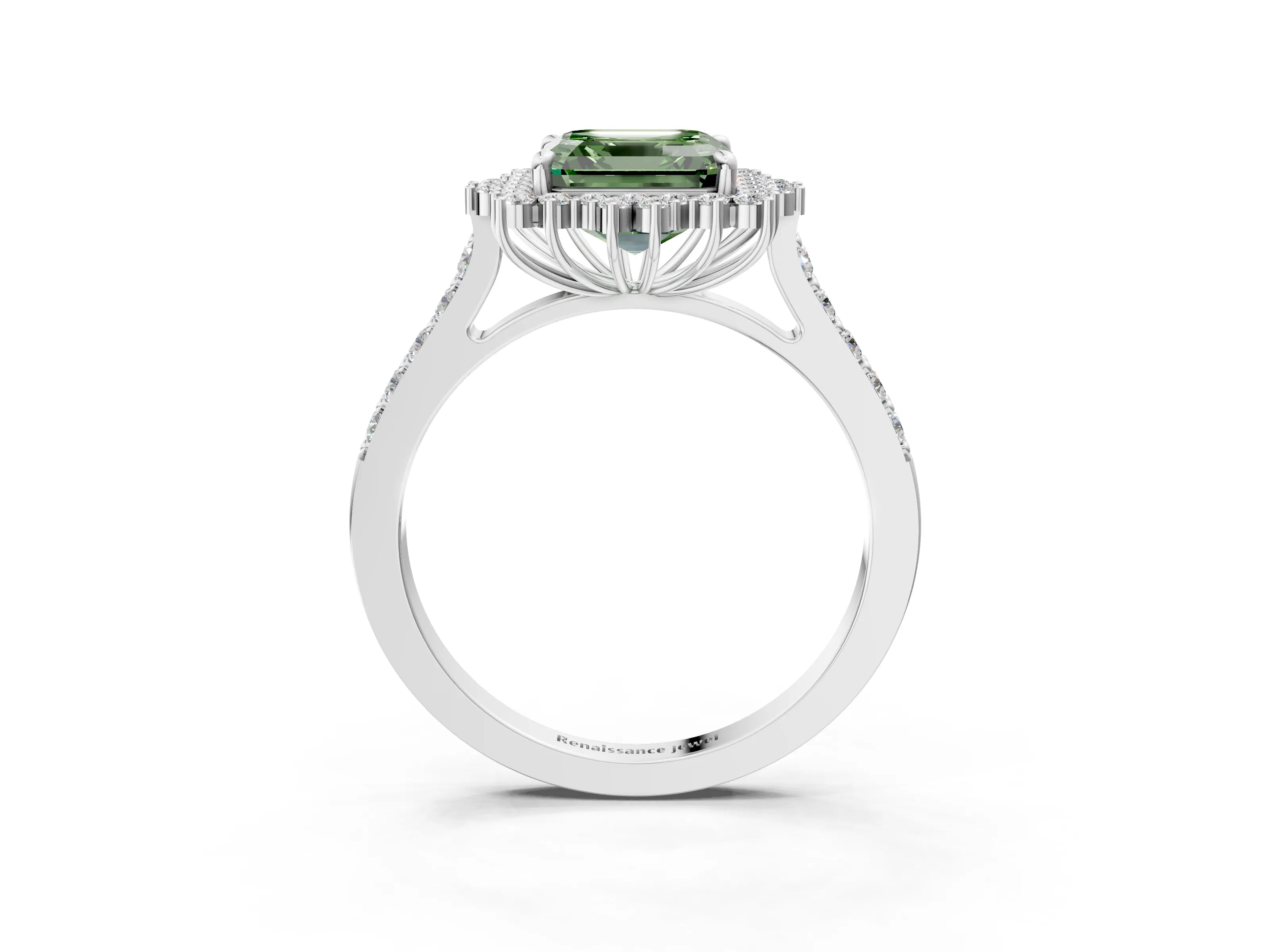 White gold Fancy Green Asscher Cut Cut Diamond Sunburst Halo Engagement Ring with Pavé Band_15