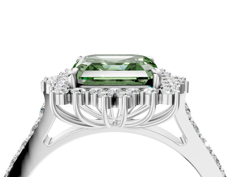 White gold Fancy Green Asscher Cut Cut Diamond Sunburst Halo Engagement Ring with Pavé Band_16