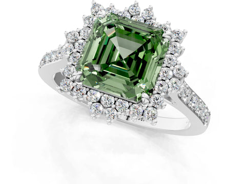 White gold Fancy Green Asscher Cut Cut Diamond Sunburst Halo Engagement Ring with Pavé Band_1