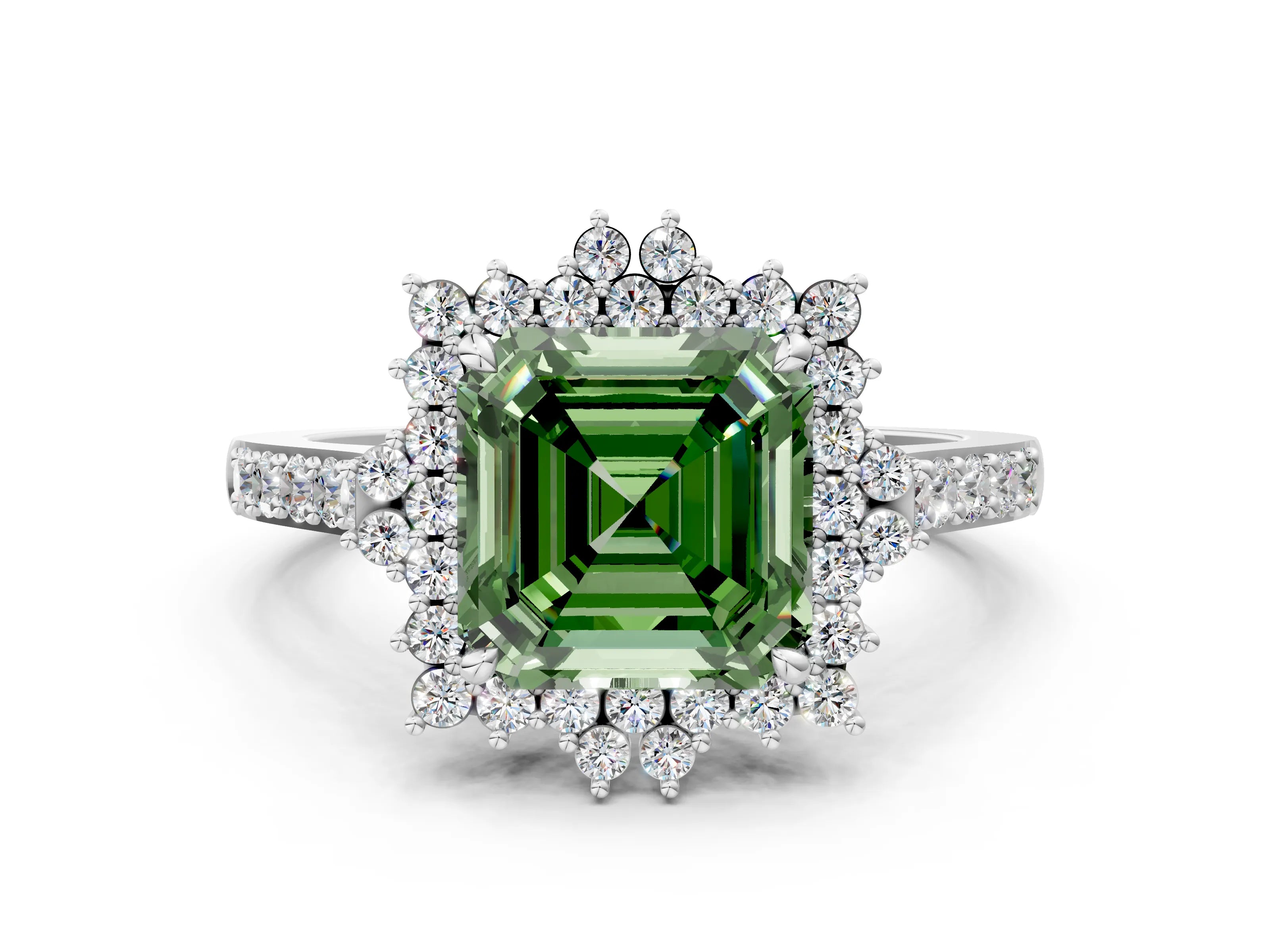 White gold Fancy Green Asscher Cut Cut Diamond Sunburst Halo Engagement Ring with Pavé Band