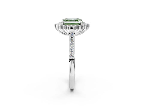 White gold Fancy Green Asscher Cut Cut Diamond Sunburst Halo Engagement Ring with Pavé Band_2