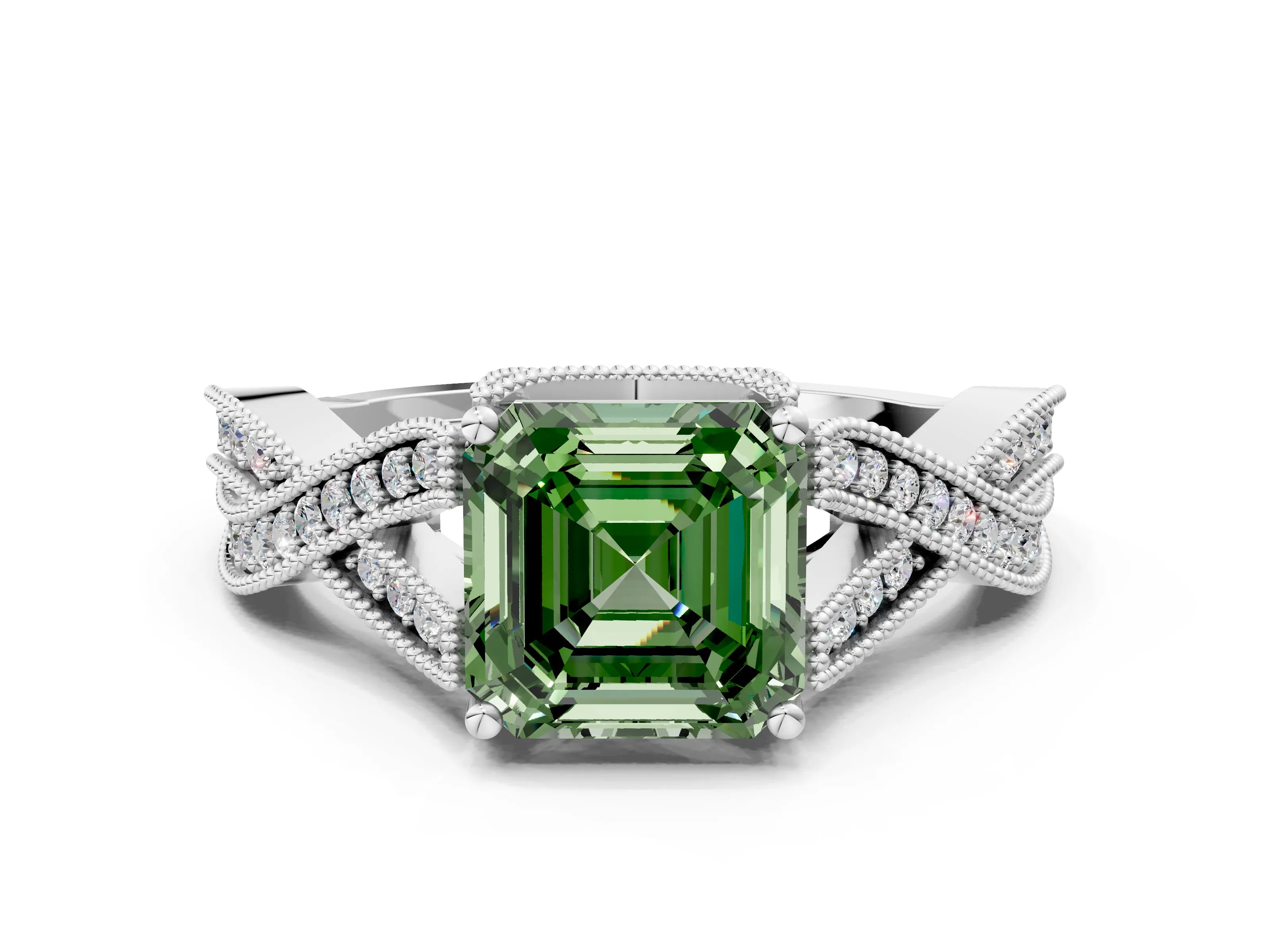 White gold Fancy Green Asscher Cut Cut Diamond Twisted Band with Milgrain Pave Setting and Four-Prong Setting