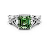 White gold Fancy Green Asscher Cut Cut Diamond Twisted Band with Milgrain Pave Setting and Four-Prong Setting