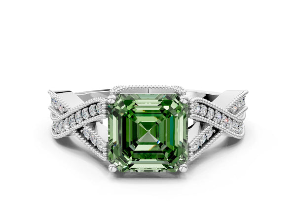 Platinum Asscher Cut Graduated Pave Twist Engagement Ring Setting for Fancy Green Center