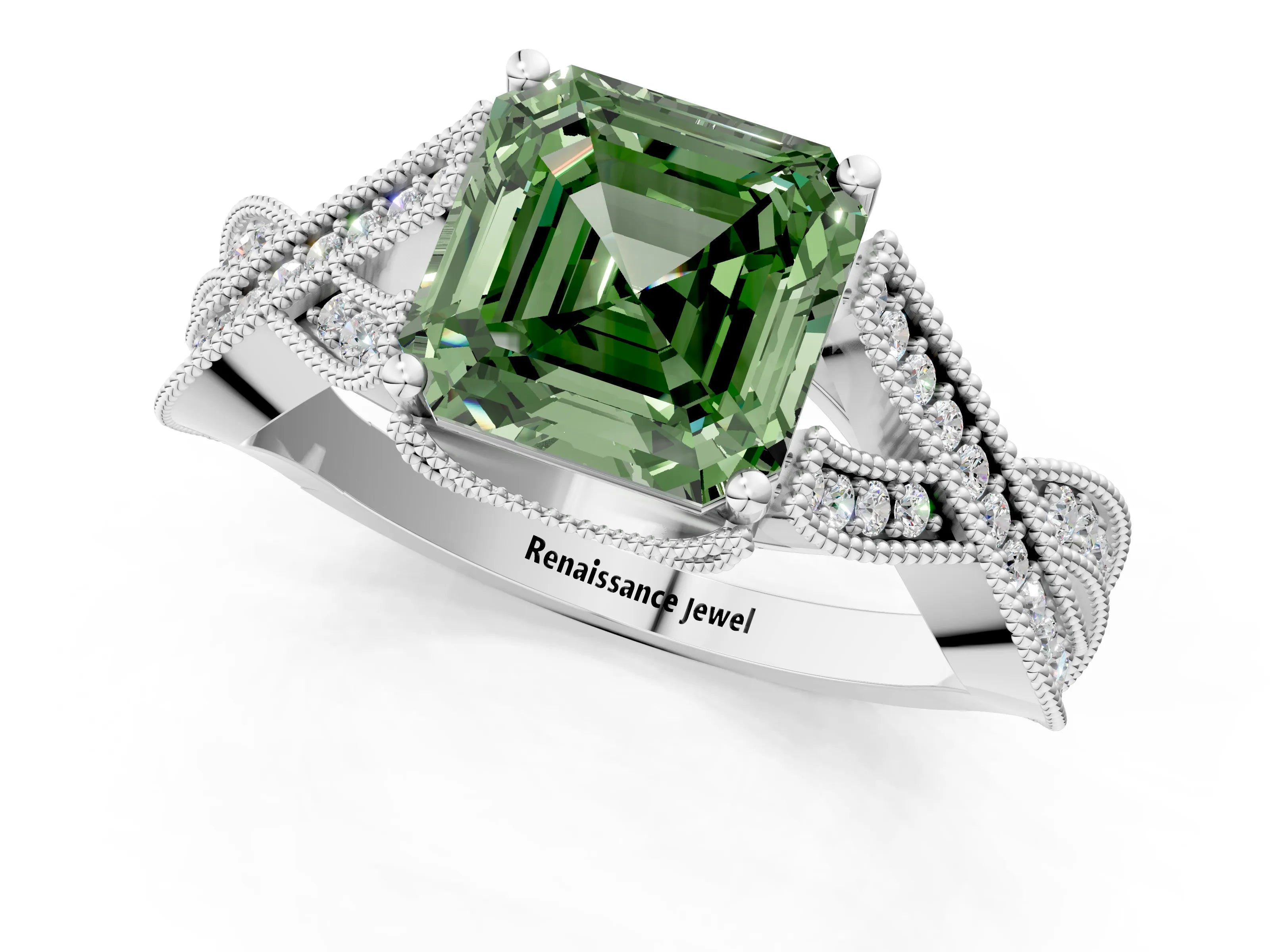 White gold Fancy Green Asscher Cut Cut Diamond Twisted Band with Milgrain Pave Setting and Four-Prong Setting_13