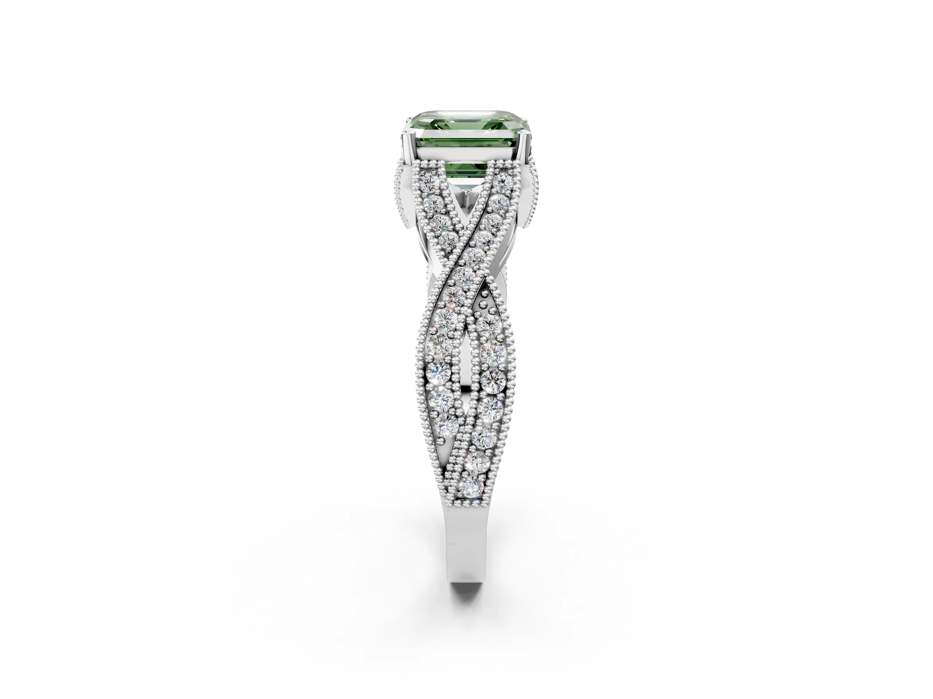 White gold Fancy Green Asscher Cut Cut Diamond Twisted Band with Milgrain Pave Setting and Four-Prong Setting_14