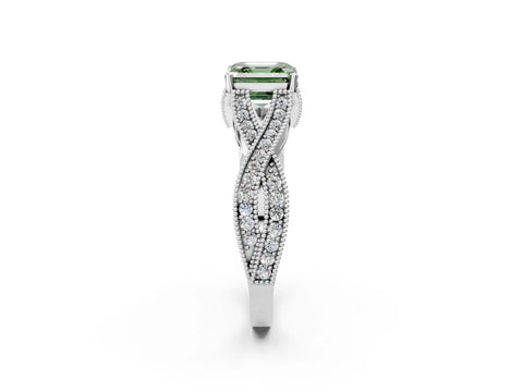 White gold Fancy Green Asscher Cut Cut Diamond Twisted Band with Milgrain Pave Setting and Four-Prong Setting_14