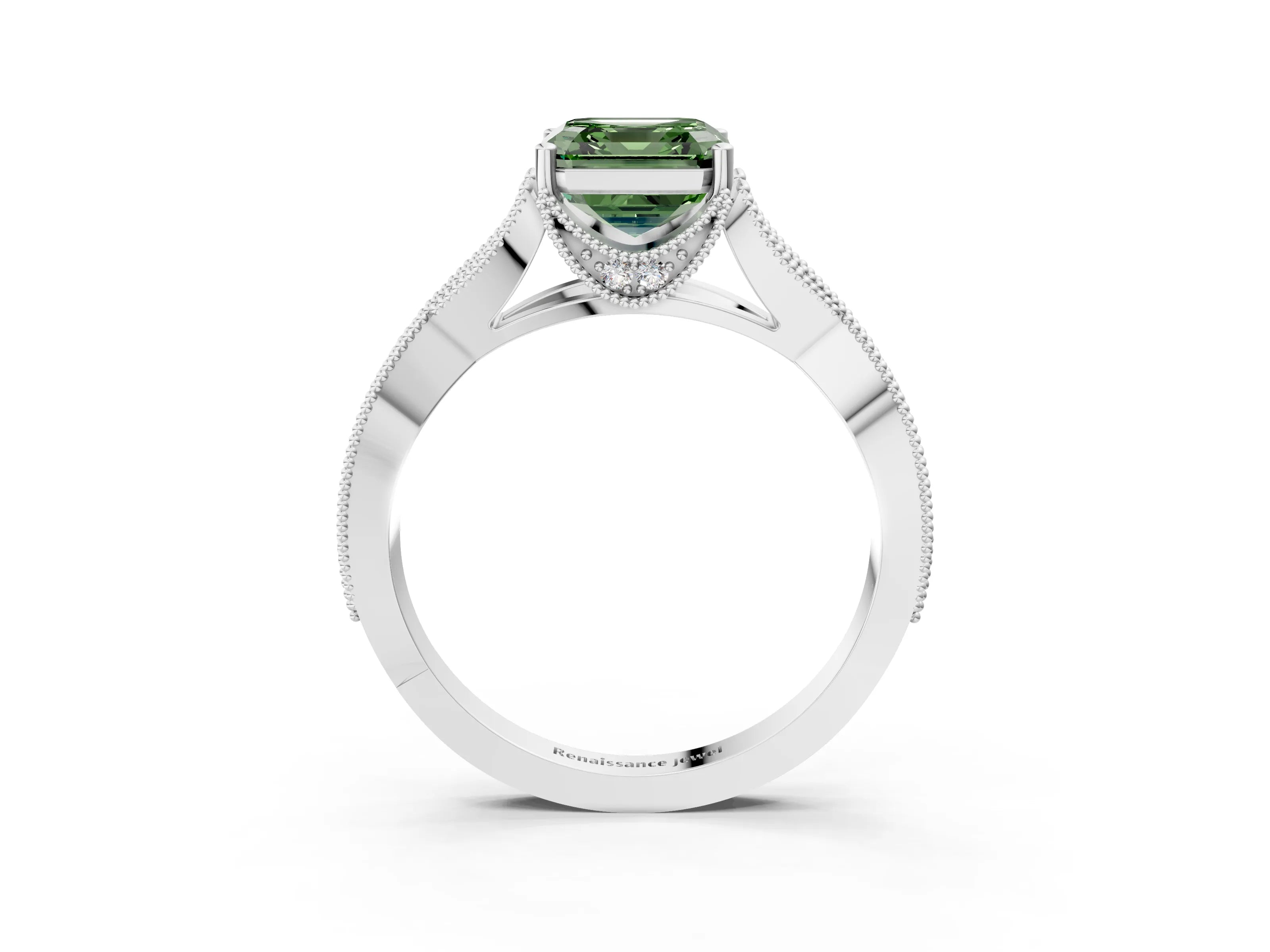 White gold Fancy Green Asscher Cut Cut Diamond Twisted Band with Milgrain Pave Setting and Four-Prong Setting_15