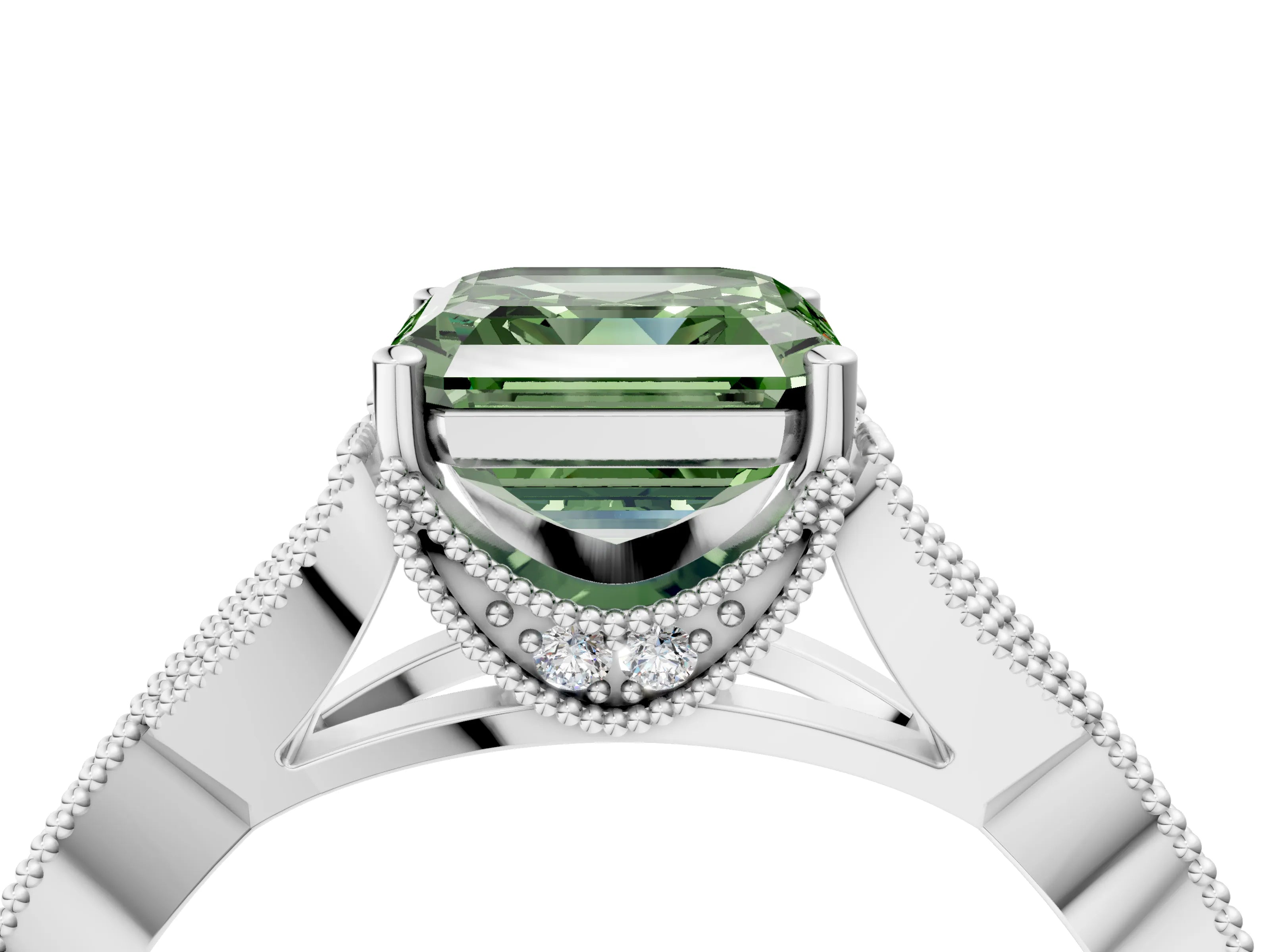 White gold Fancy Green Asscher Cut Cut Diamond Twisted Band with Milgrain Pave Setting and Four-Prong Setting_16