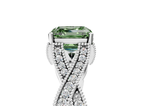 White gold Fancy Green Asscher Cut Cut Diamond Twisted Band with Milgrain Pave Setting and Four-Prong Setting_17