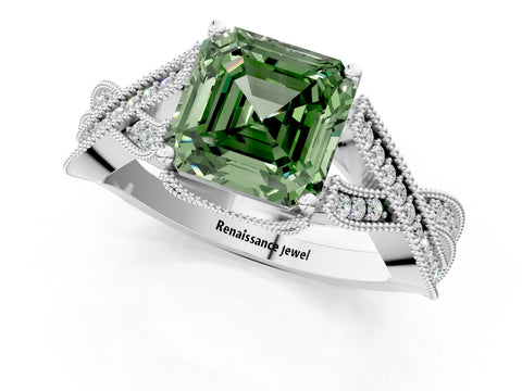 White gold Fancy Green Asscher Cut Cut Diamond Twisted Band with Milgrain Pave Setting and Four-Prong Setting_1