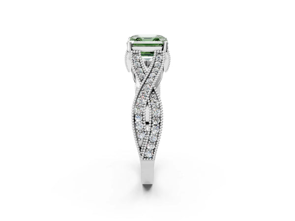 Sterling Silver Asscher Cut Graduated Pave Twist Engagement Ring Setting for Fancy Green Center
