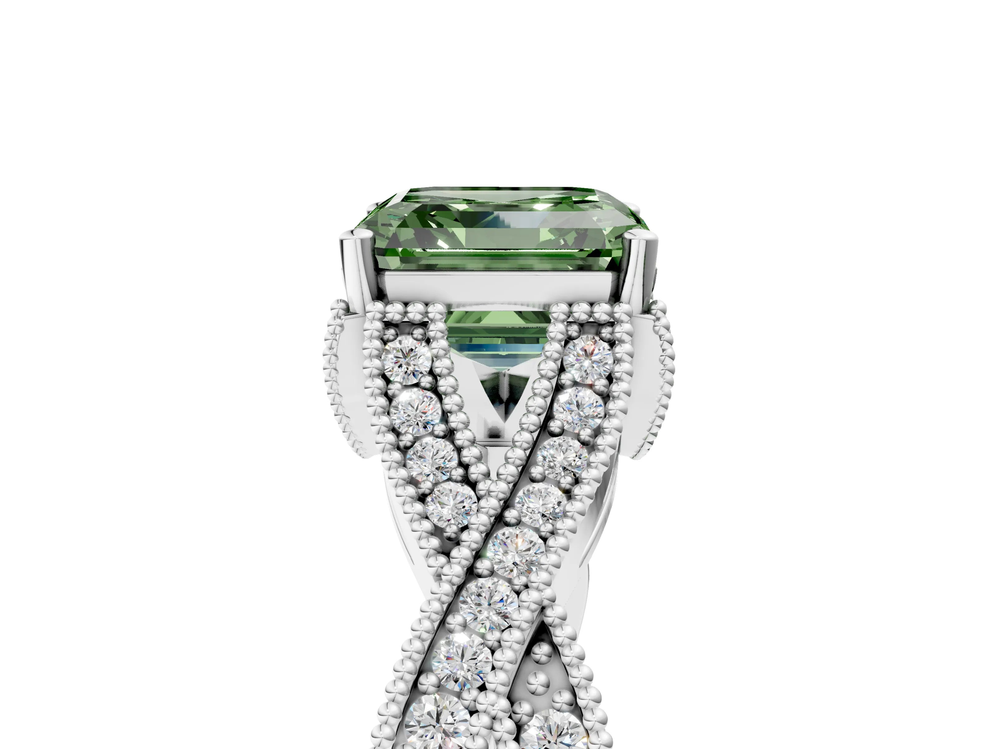 White gold Fancy Green Asscher Cut Cut Diamond Twisted Band with Milgrain Pave Setting and Four-Prong Setting_5