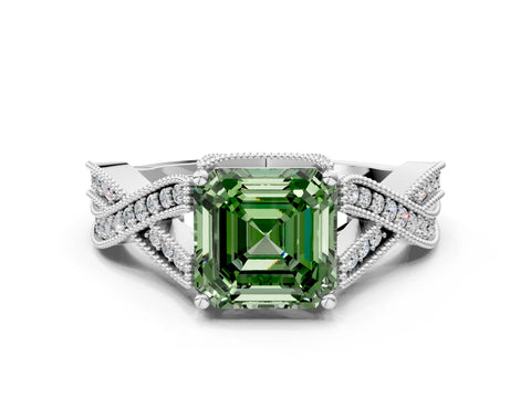 White gold Fancy Green Asscher Cut Cut Diamond Twisted Band with Milgrain Pave Setting and Four-Prong Setting