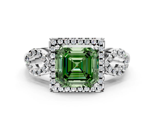 White Gold Asscher Cut Pave Infinity Halo Engagement Ring Setting for Fancy Green Center