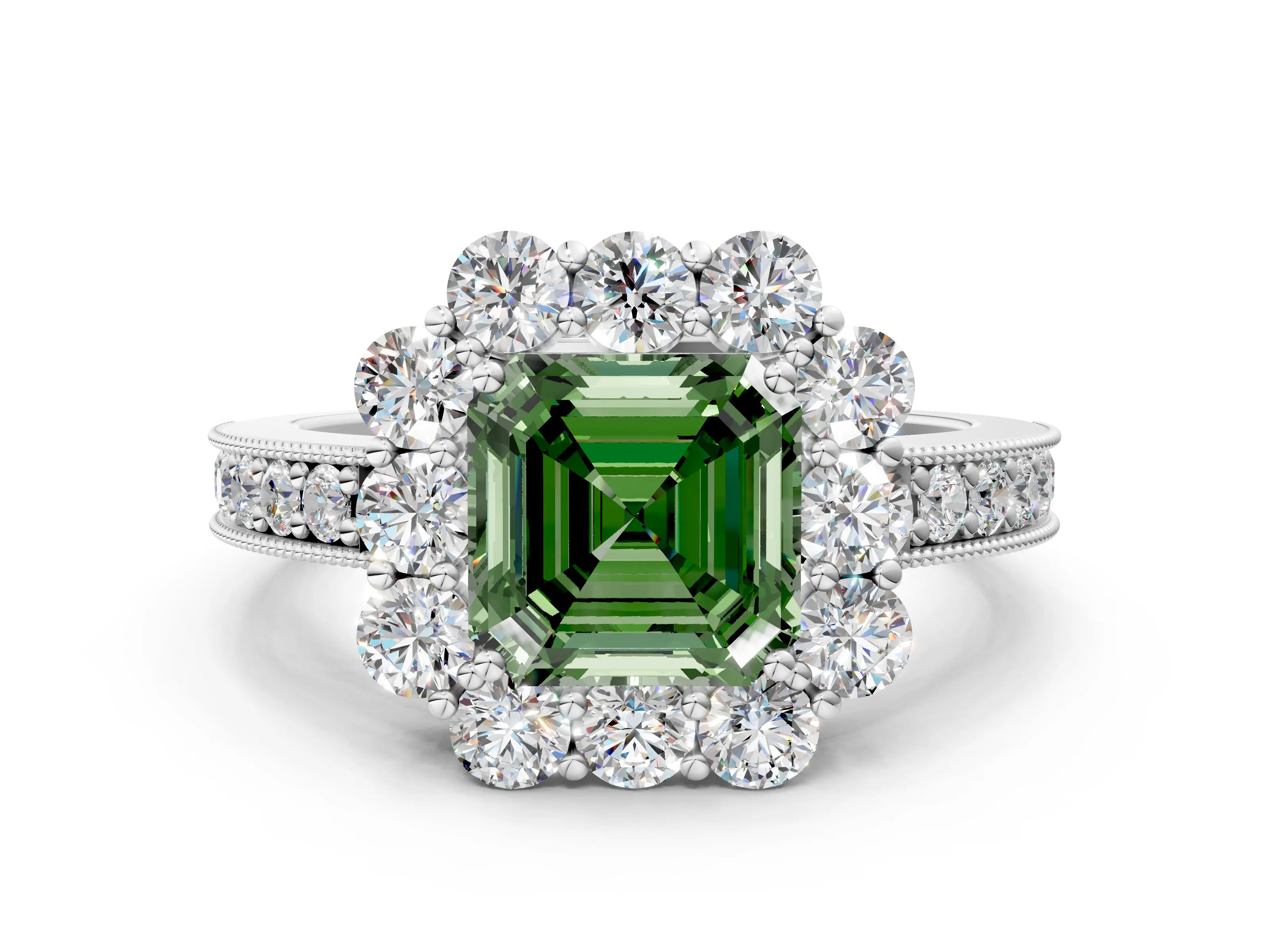 White gold Fancy Green Asscher Cut Cut Halo Diamond Pavé Engagement Ring with Milgrain Detailing_12