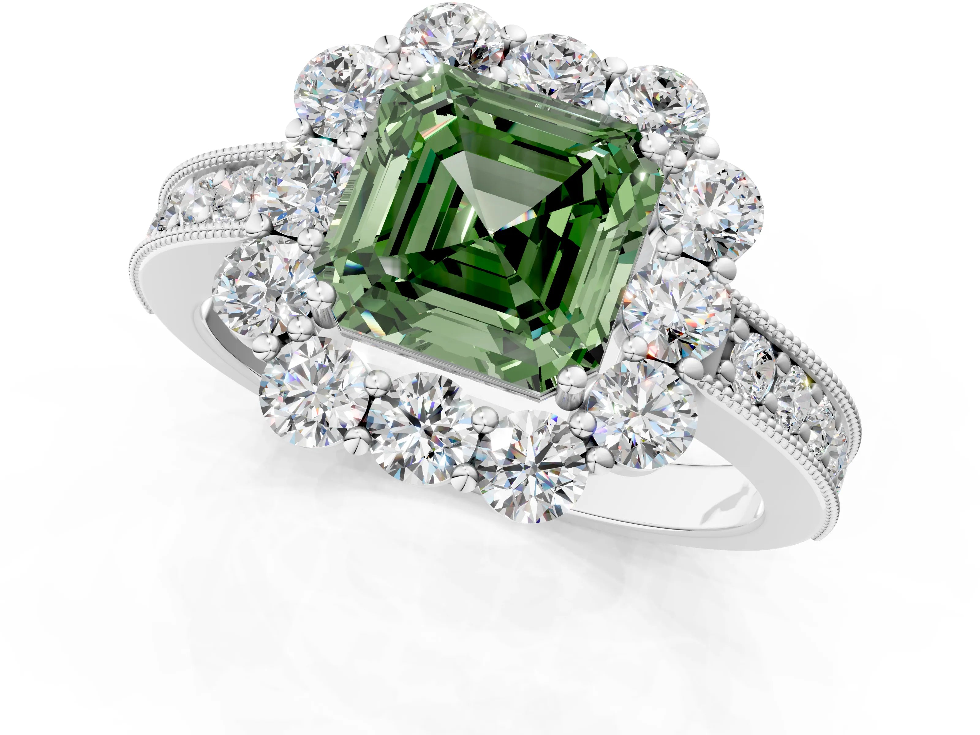 White gold Fancy Green Asscher Cut Cut Halo Diamond Pavé Engagement Ring with Milgrain Detailing_13