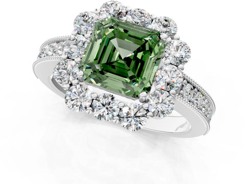 White gold Fancy Green Asscher Cut Cut Halo Diamond Pavé Engagement Ring with Milgrain Detailing_13