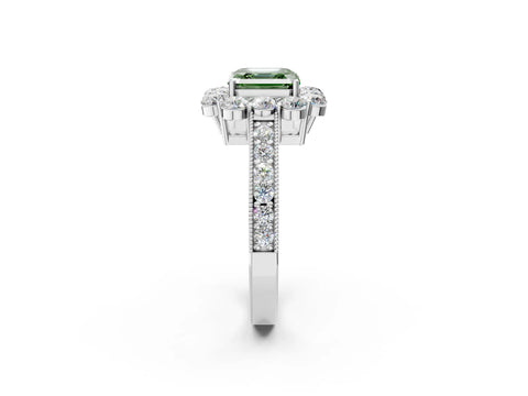 White gold Fancy Green Asscher Cut Cut Halo Diamond Pavé Engagement Ring with Milgrain Detailing_14