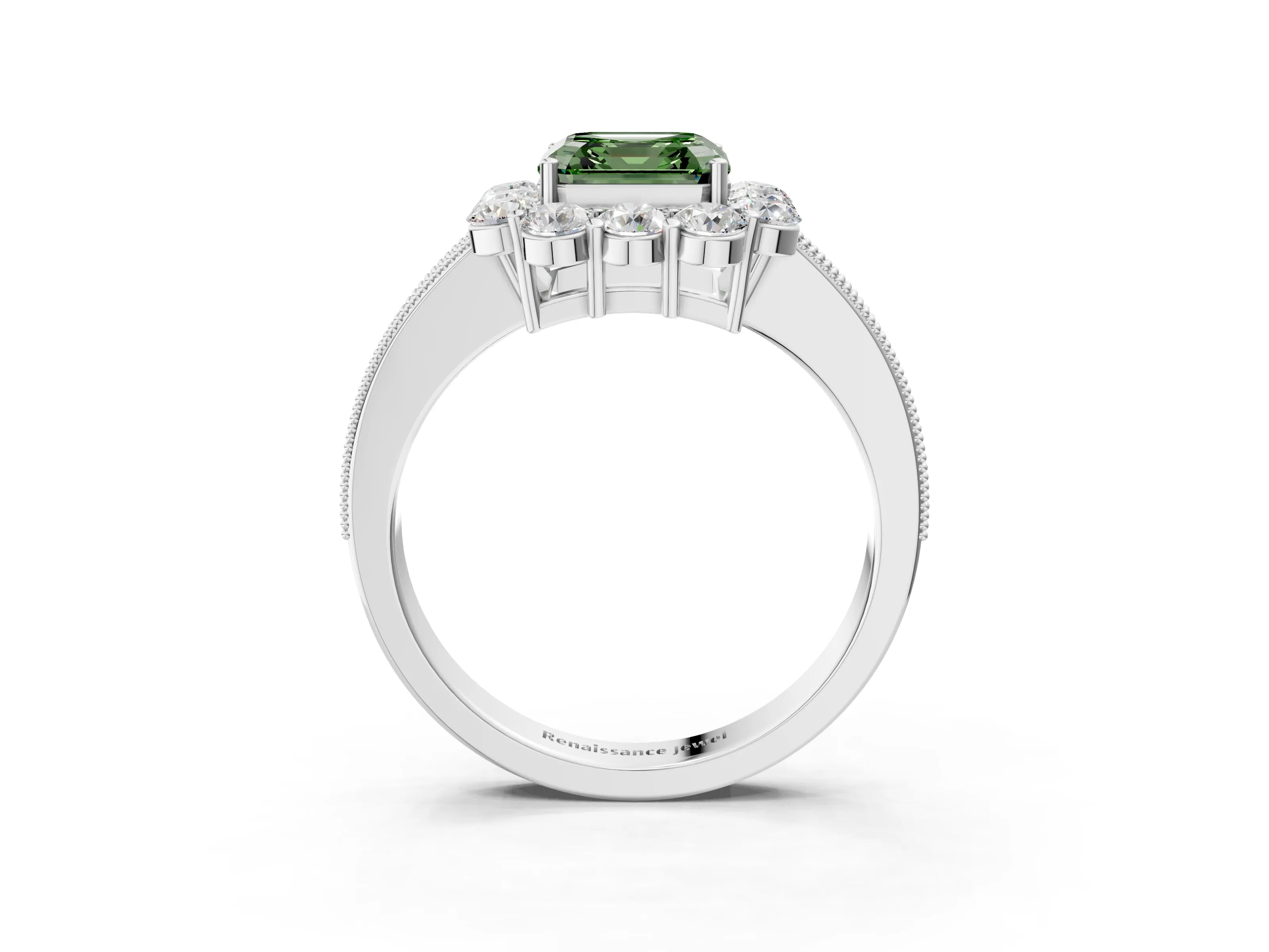 White gold Fancy Green Asscher Cut Cut Halo Diamond Pavé Engagement Ring with Milgrain Detailing_15