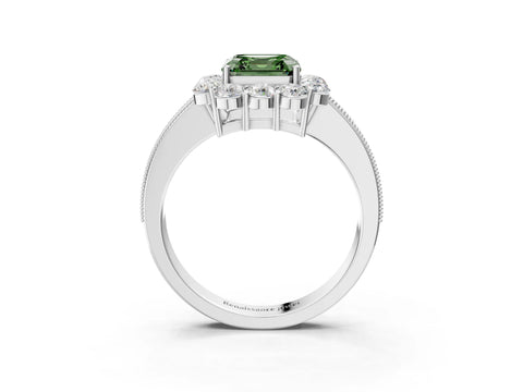 White gold Fancy Green Asscher Cut Cut Halo Diamond Pavé Engagement Ring with Milgrain Detailing_15