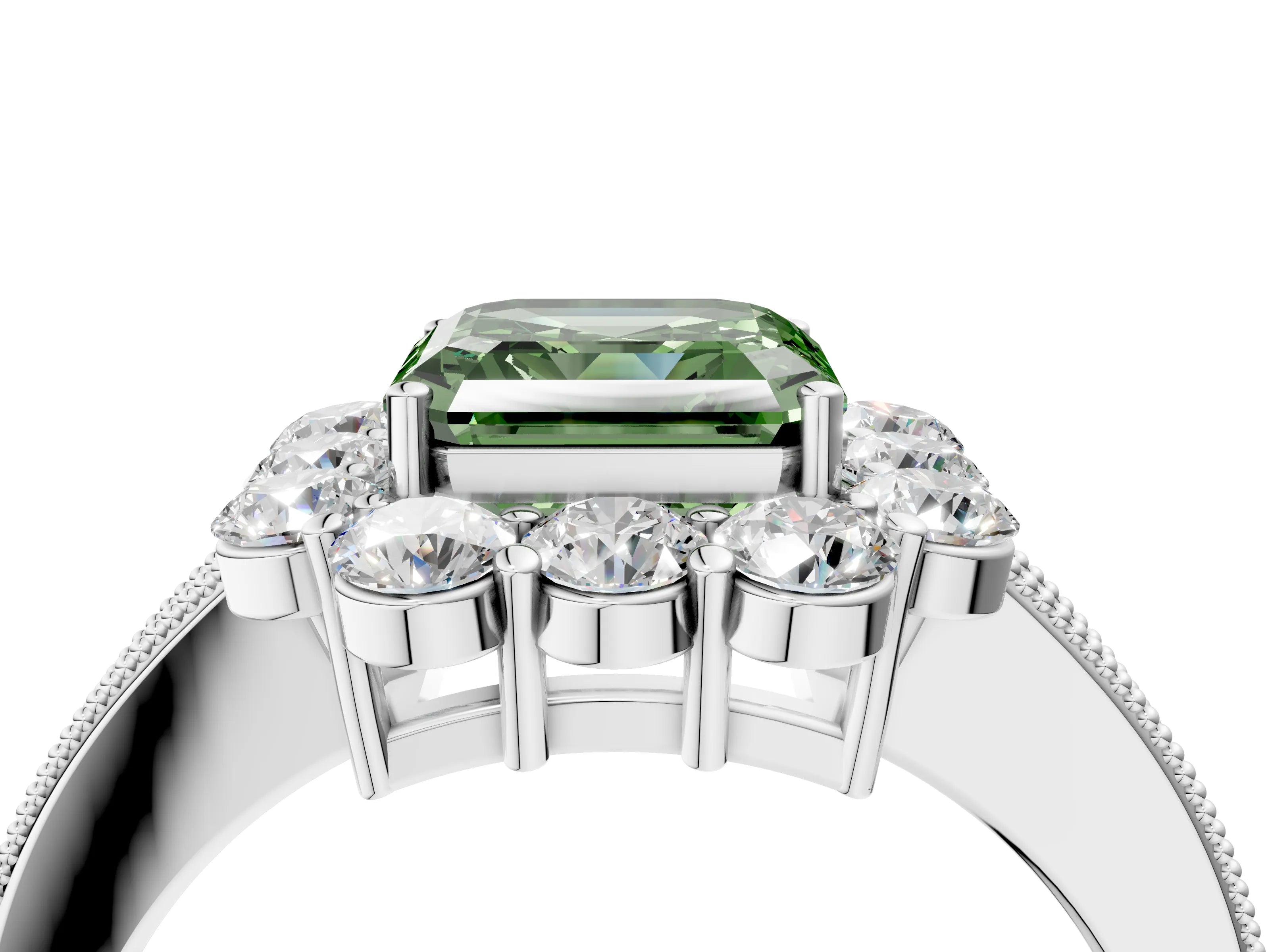 White gold Fancy Green Asscher Cut Cut Halo Diamond Pavé Engagement Ring with Milgrain Detailing_16