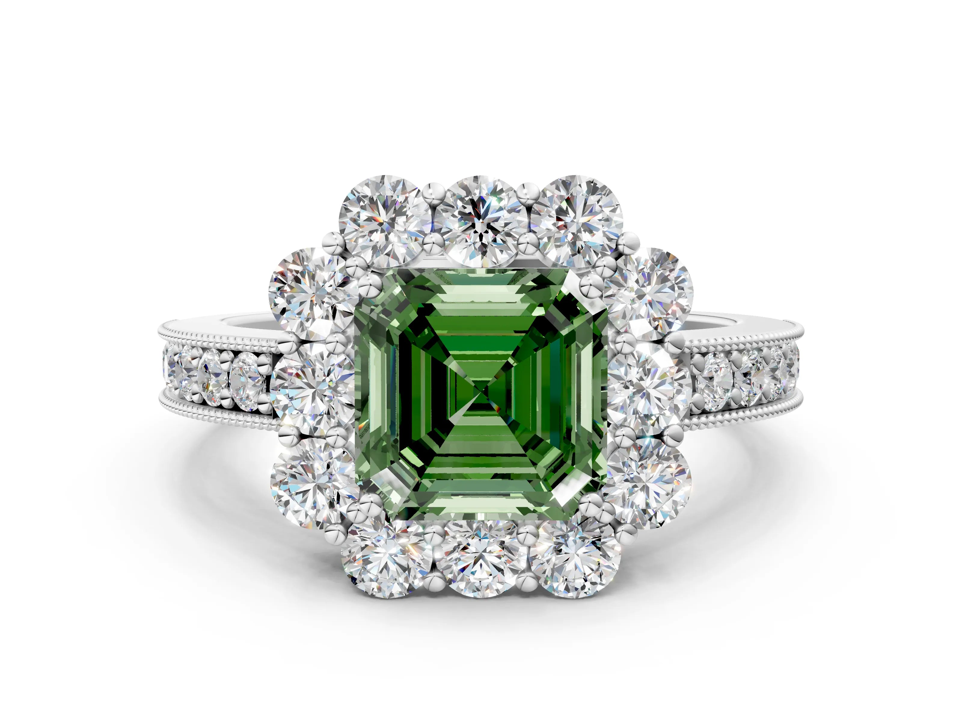 White gold Fancy Green Asscher Cut Cut Halo Diamond Pavé Engagement Ring with Milgrain Detailing_18