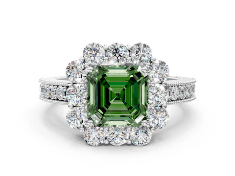 White gold Fancy Green Asscher Cut Cut Halo Diamond Pavé Engagement Ring with Milgrain Detailing_18