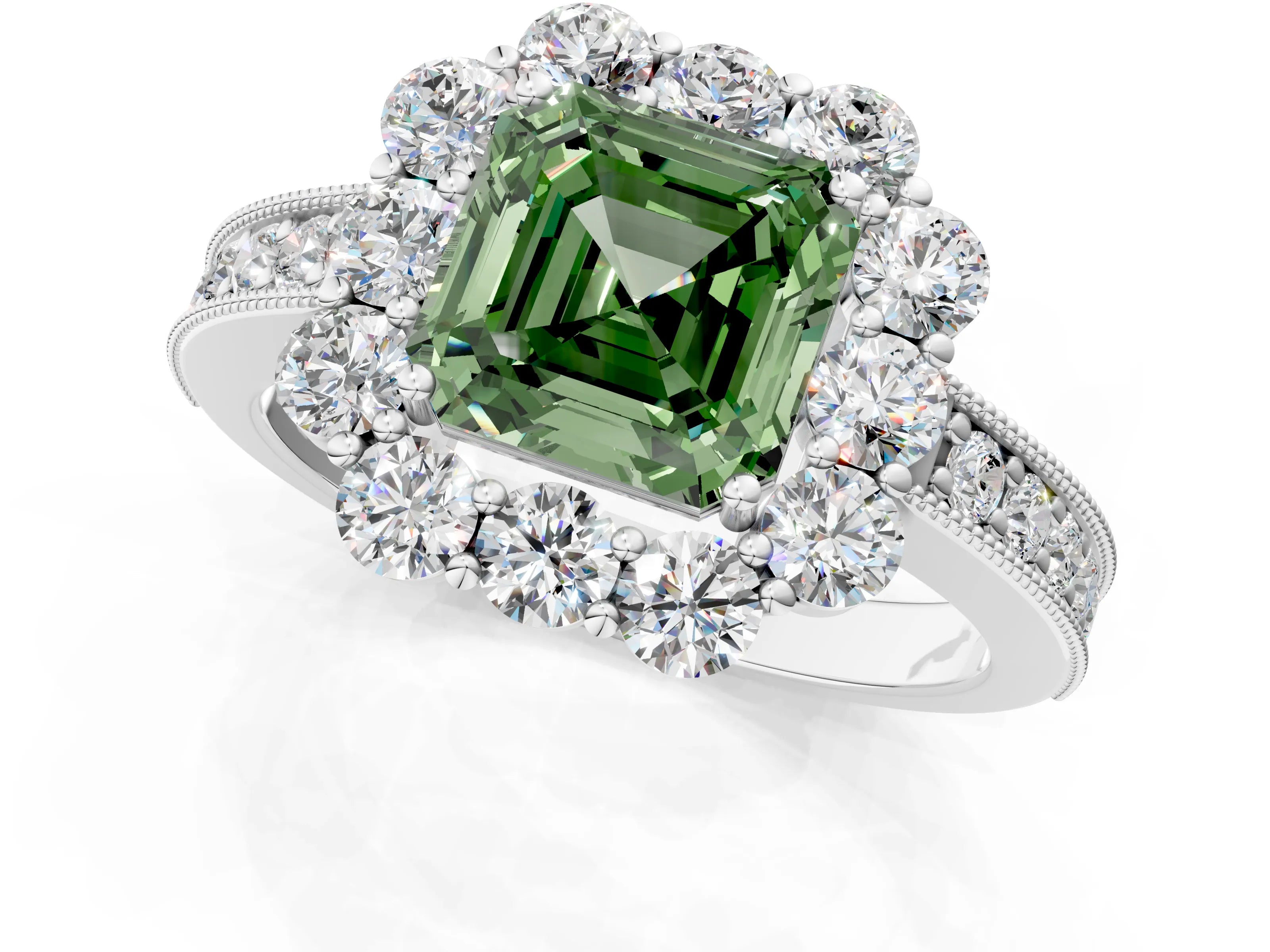 White gold Fancy Green Asscher Cut Cut Halo Diamond Pavé Engagement Ring with Milgrain Detailing_1