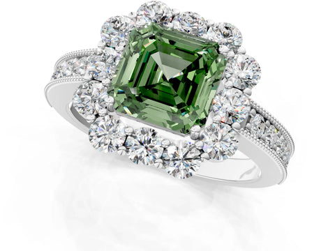 White gold Fancy Green Asscher Cut Cut Halo Diamond Pavé Engagement Ring with Milgrain Detailing_1