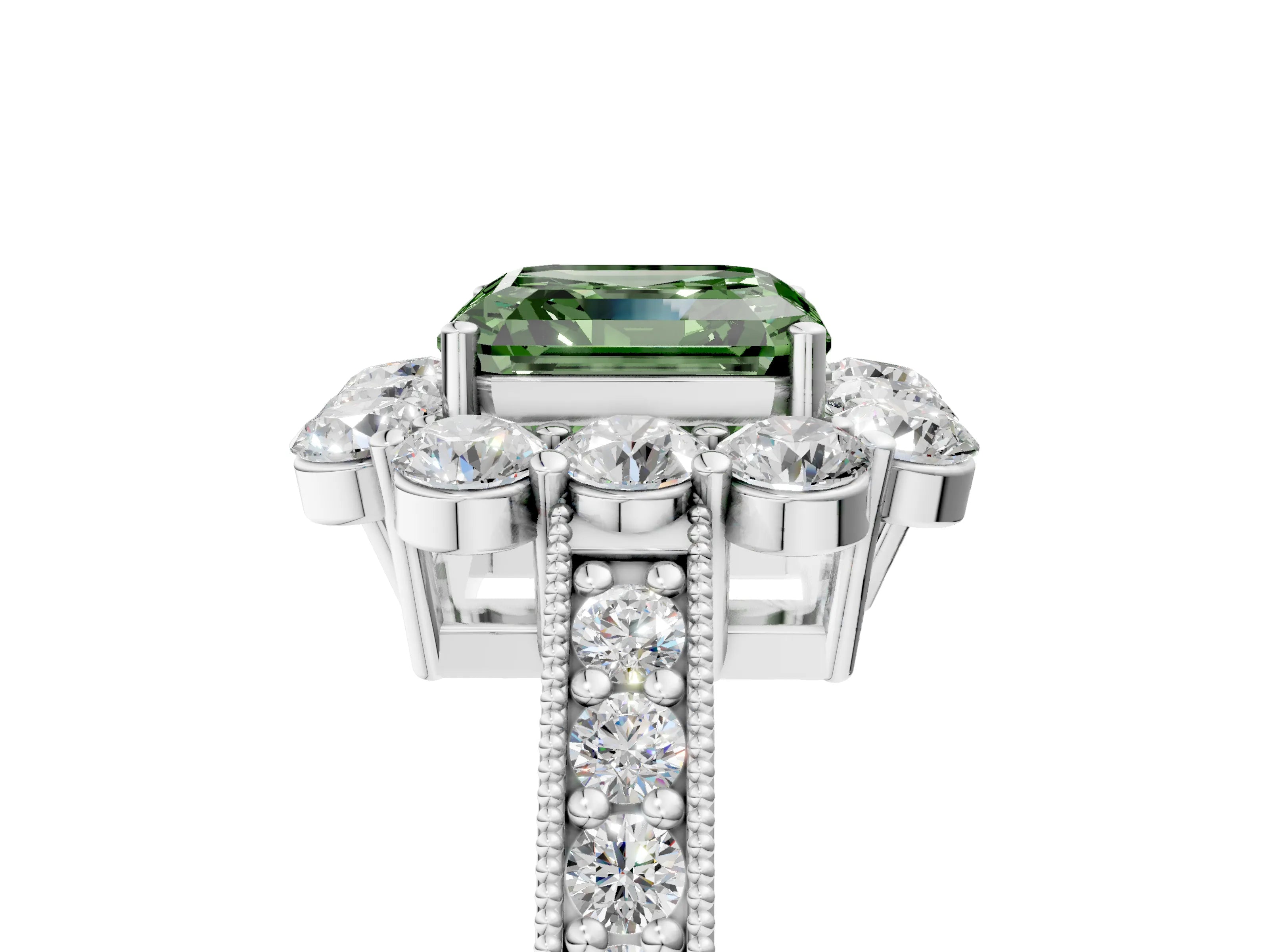 White gold Fancy Green Asscher Cut Cut Halo Diamond Pavé Engagement Ring with Milgrain Detailing_23