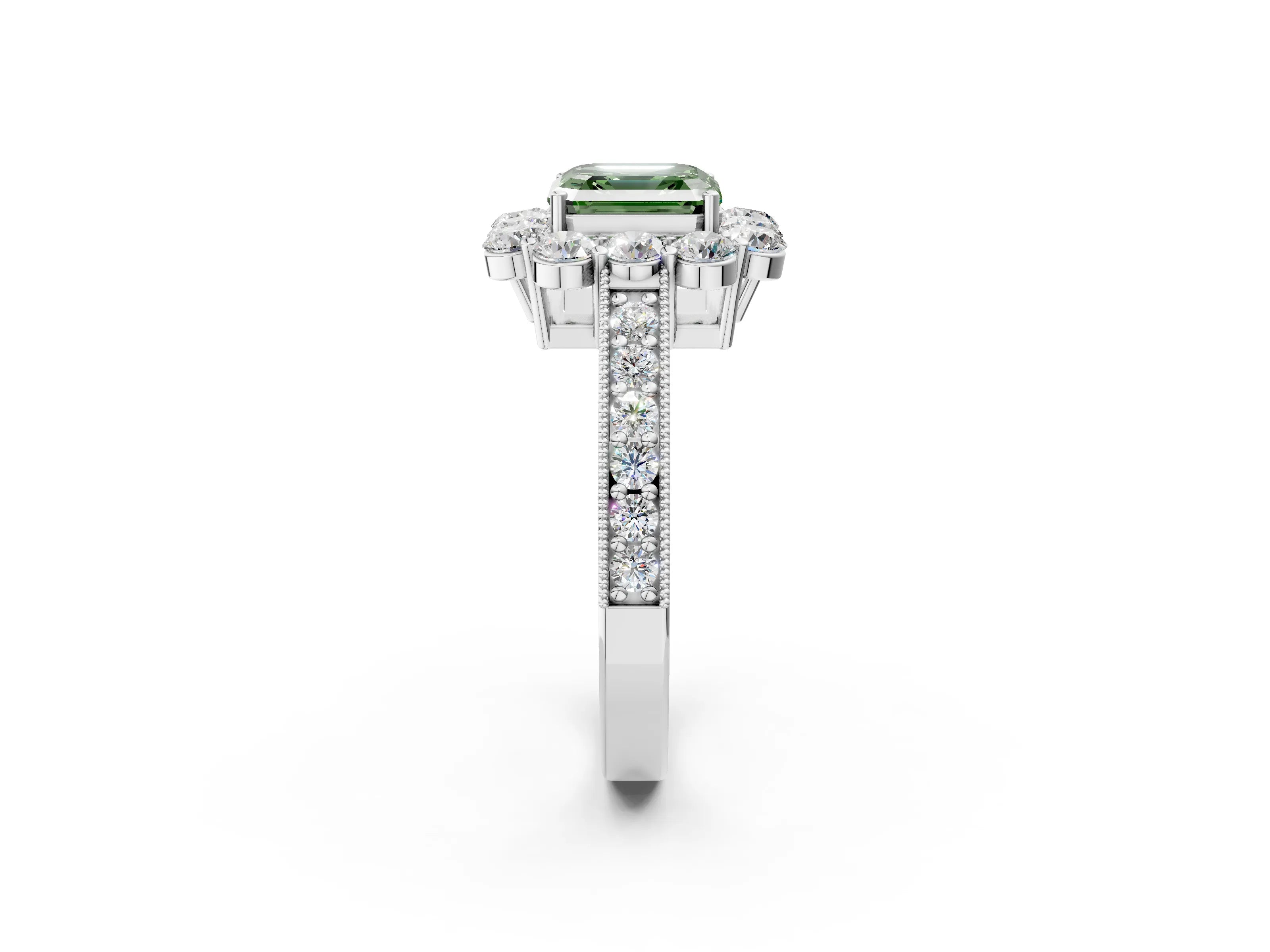 White gold Fancy Green Asscher Cut Cut Halo Diamond Pavé Engagement Ring with Milgrain Detailing_2