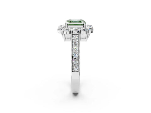 White gold Fancy Green Asscher Cut Cut Halo Diamond Pavé Engagement Ring with Milgrain Detailing_2