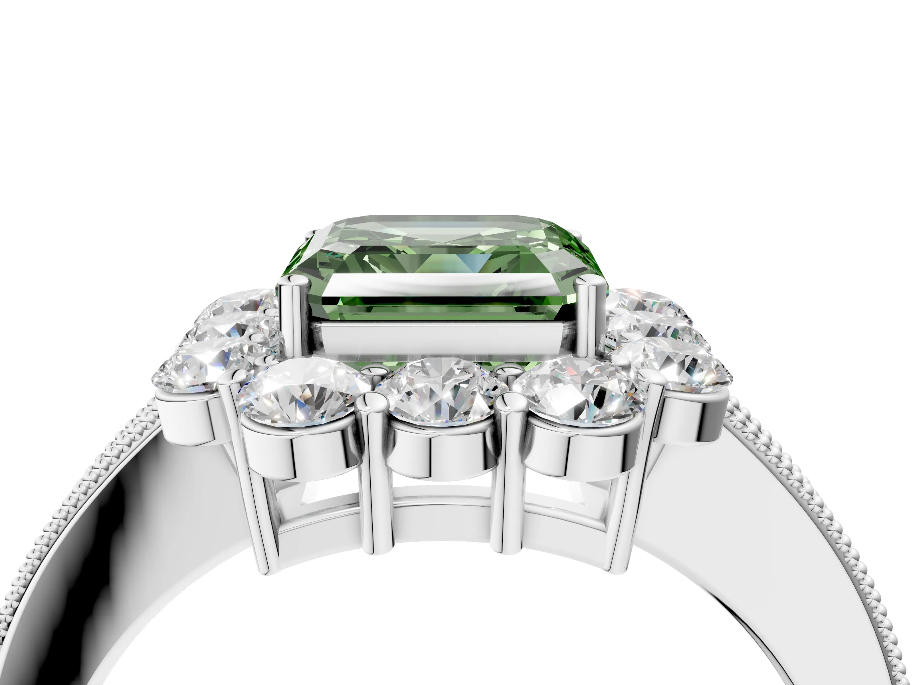 White gold Fancy Green Asscher Cut Cut Halo Diamond Pavé Engagement Ring with Milgrain Detailing_4