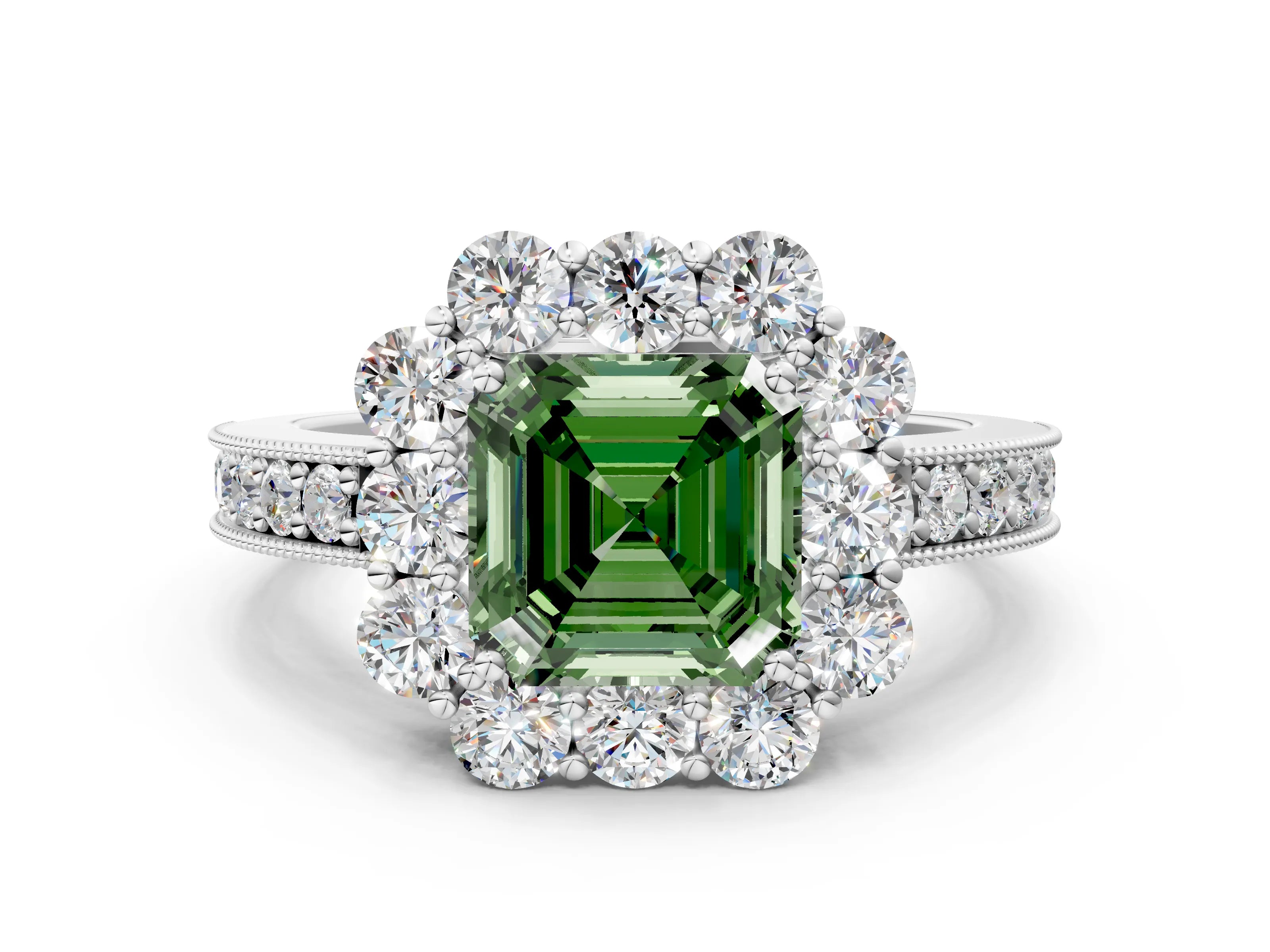 White gold Fancy Green Asscher Cut Cut Halo Diamond Pavé Engagement Ring with Milgrain Detailing