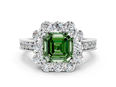 White gold Fancy Green Asscher Cut Cut Halo Diamond Pavé Engagement Ring with Milgrain Detailing