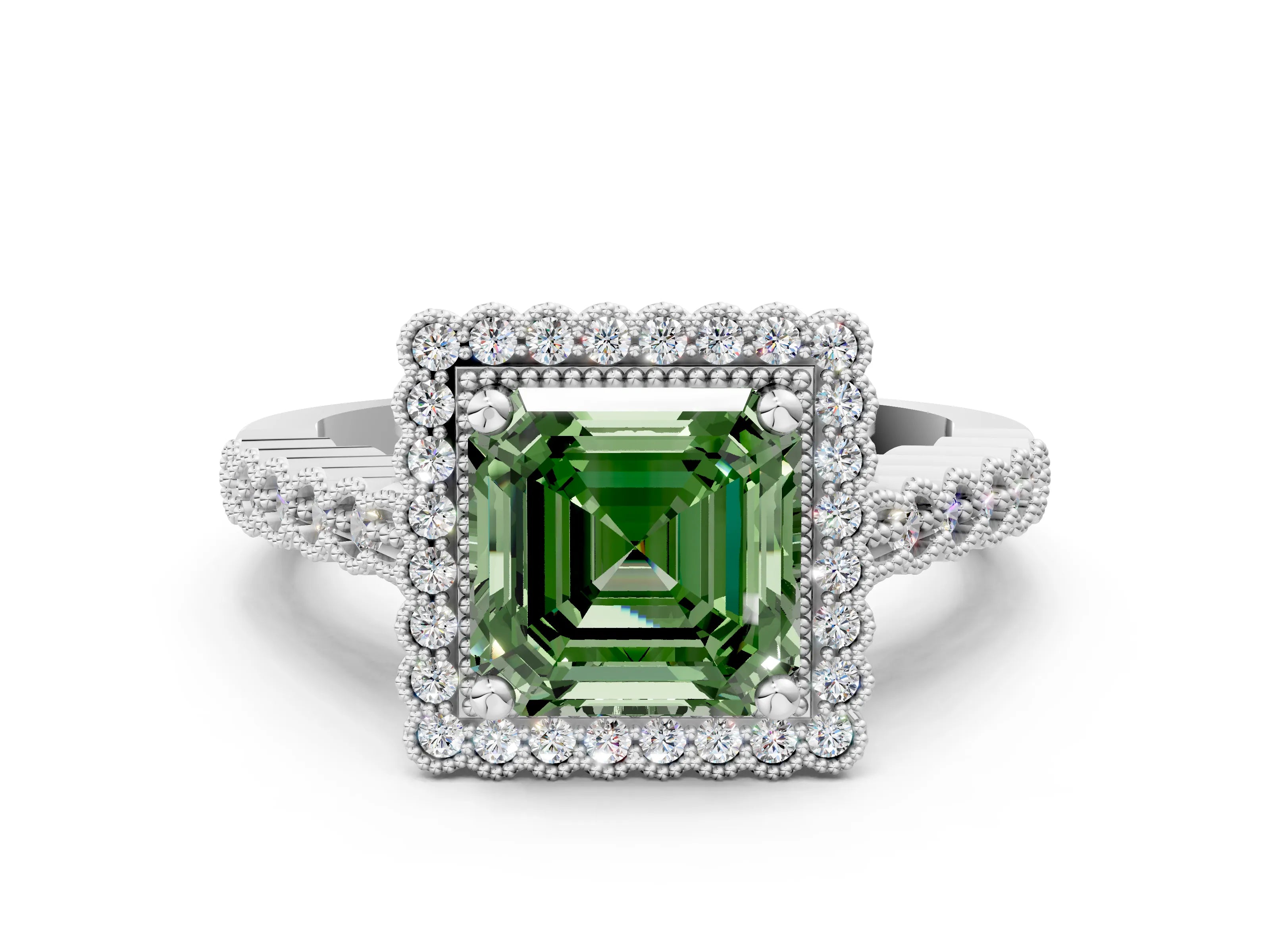 White gold Fancy Green Asscher Cut Cut Halo Pavé Solitaire Ring with Milgrain Band_12