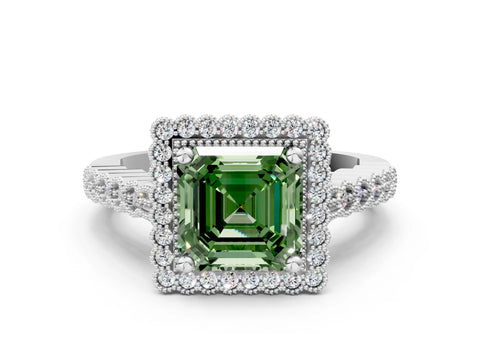 White gold Fancy Green Asscher Cut Cut Halo Pavé Solitaire Ring with Milgrain Band_12