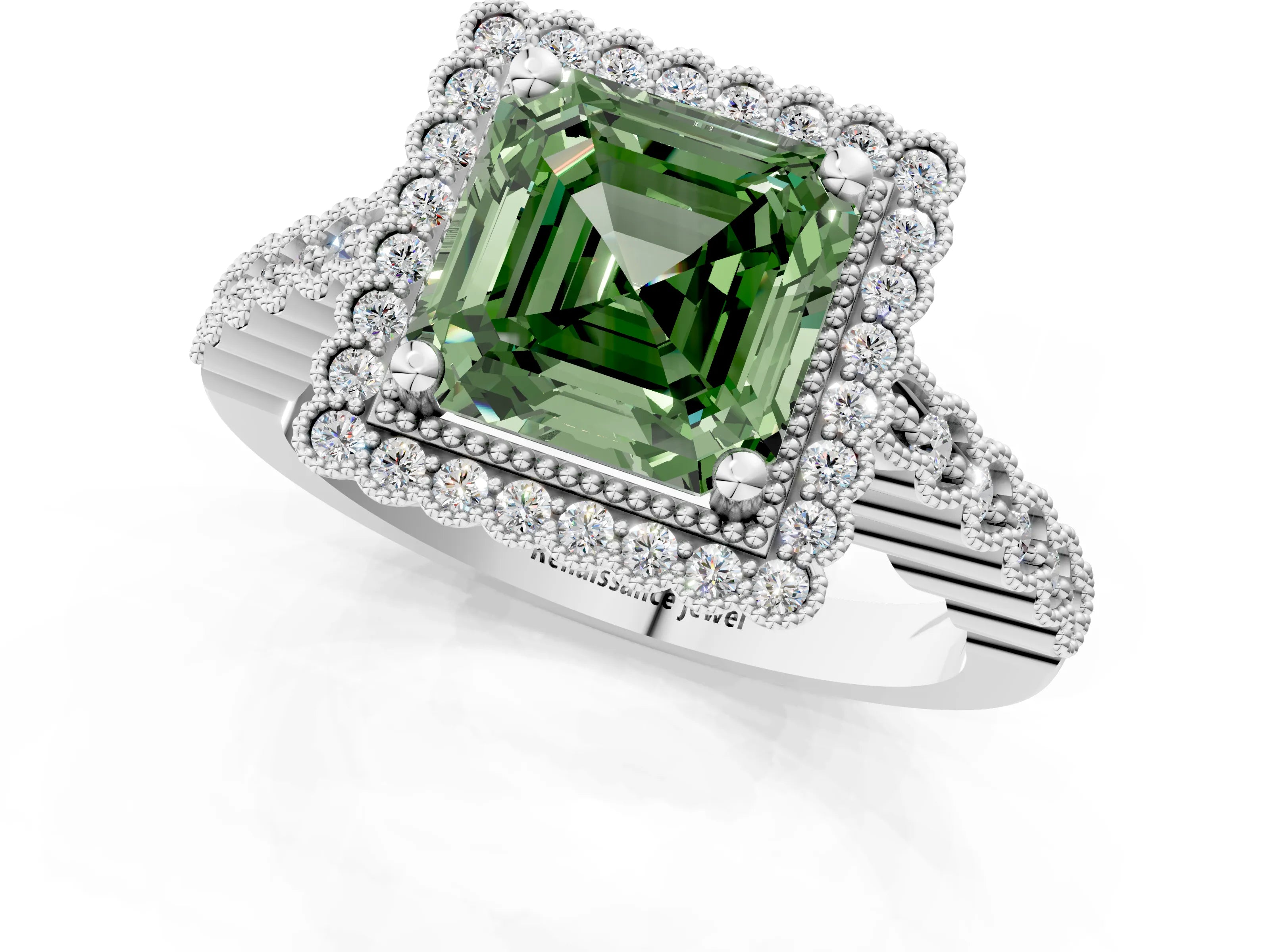 White gold Fancy Green Asscher Cut Cut Halo Pavé Solitaire Ring with Milgrain Band_13