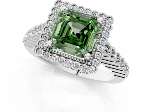 White gold Fancy Green Asscher Cut Cut Halo Pavé Solitaire Ring with Milgrain Band_13