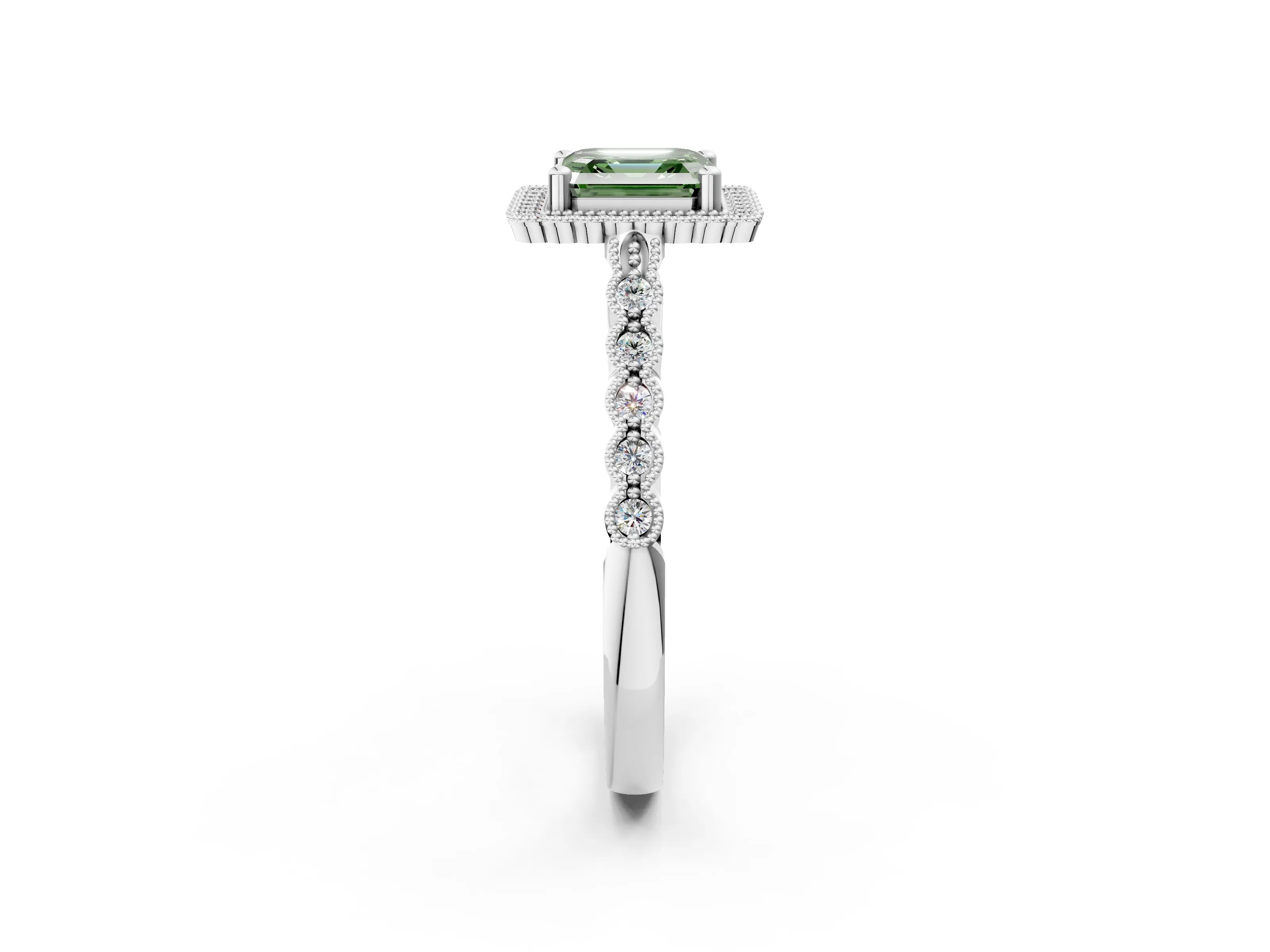 White gold Fancy Green Asscher Cut Cut Halo Pavé Solitaire Ring with Milgrain Band_14