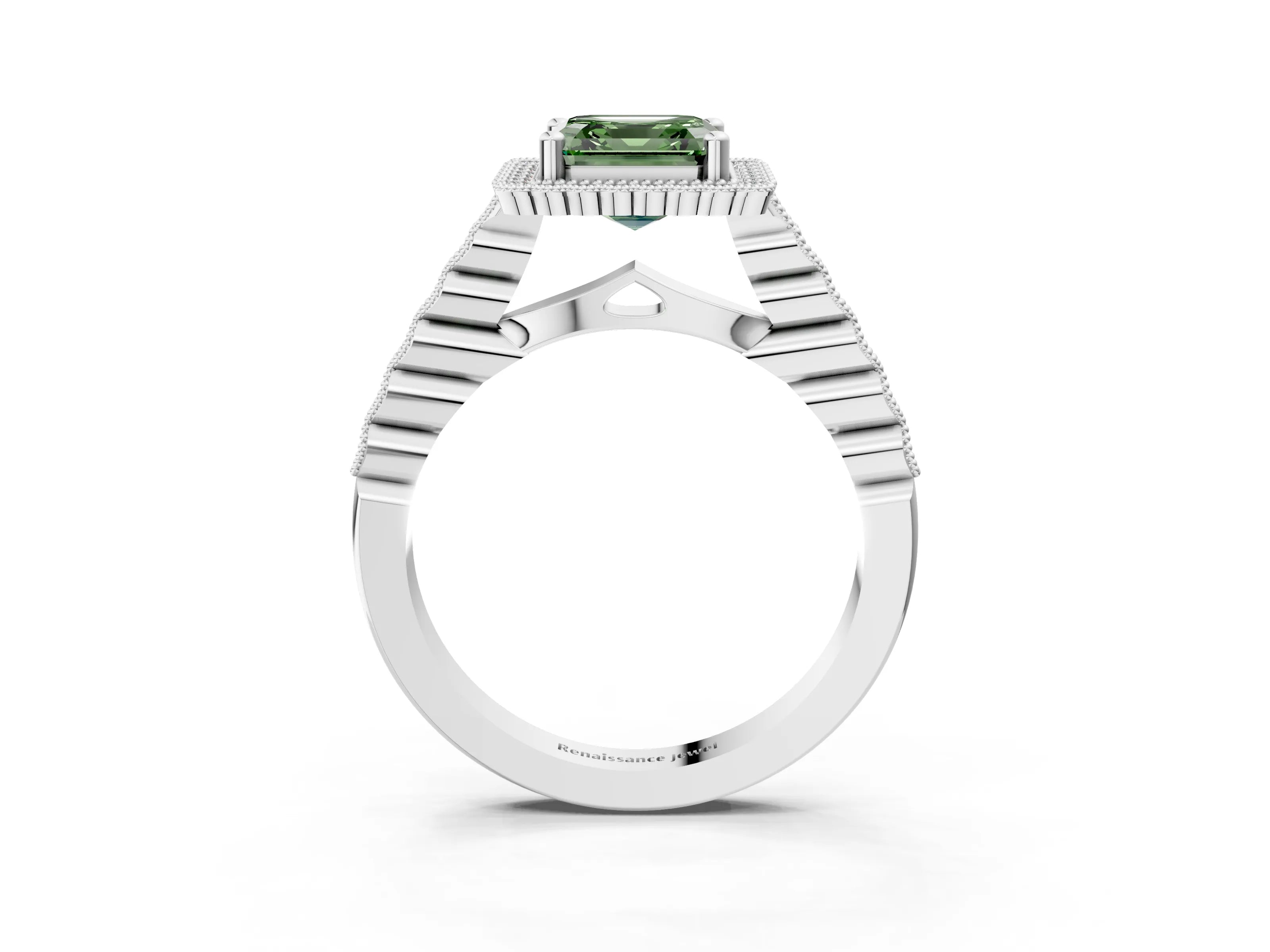 White gold Fancy Green Asscher Cut Cut Halo Pavé Solitaire Ring with Milgrain Band_15