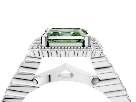 White gold Fancy Green Asscher Cut Cut Halo Pavé Solitaire Ring with Milgrain Band_16