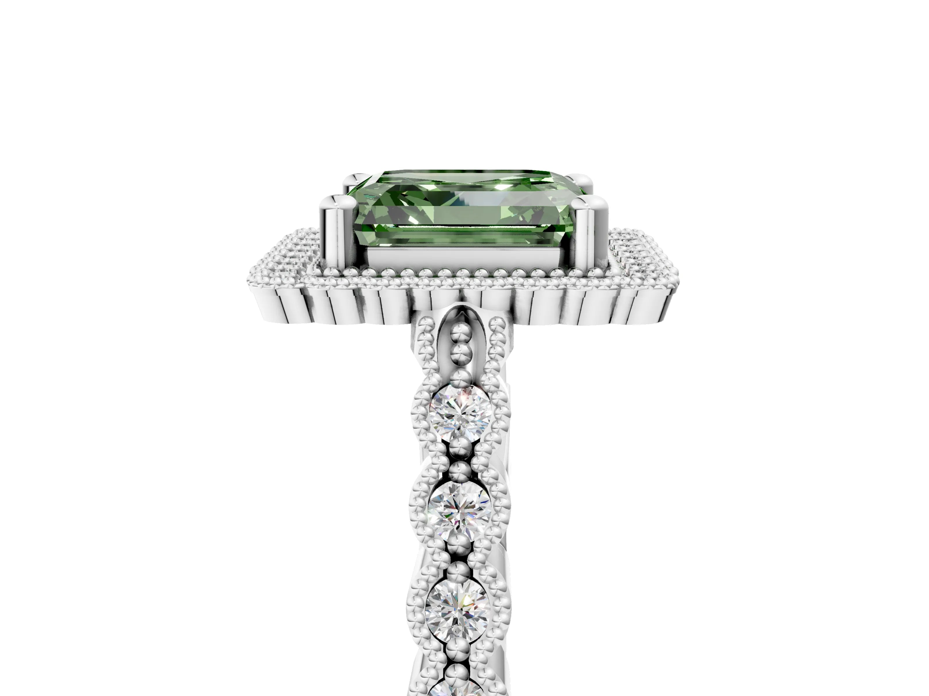 White gold Fancy Green Asscher Cut Cut Halo Pavé Solitaire Ring with Milgrain Band_17