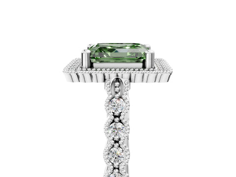 White gold Fancy Green Asscher Cut Cut Halo Pavé Solitaire Ring with Milgrain Band_17