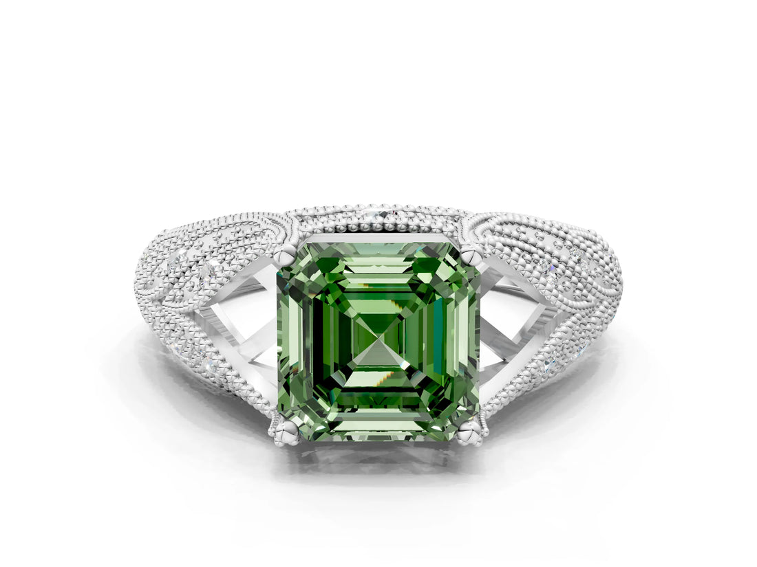 White gold Fancy Green Asscher Cut Cut Milgrain Pave Diamond Engagement Ring with Four-Prong Setting_15
