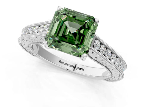 White gold Fancy Green Asscher Cut Cut Pave Band Milgrain Solitaire Ring_1