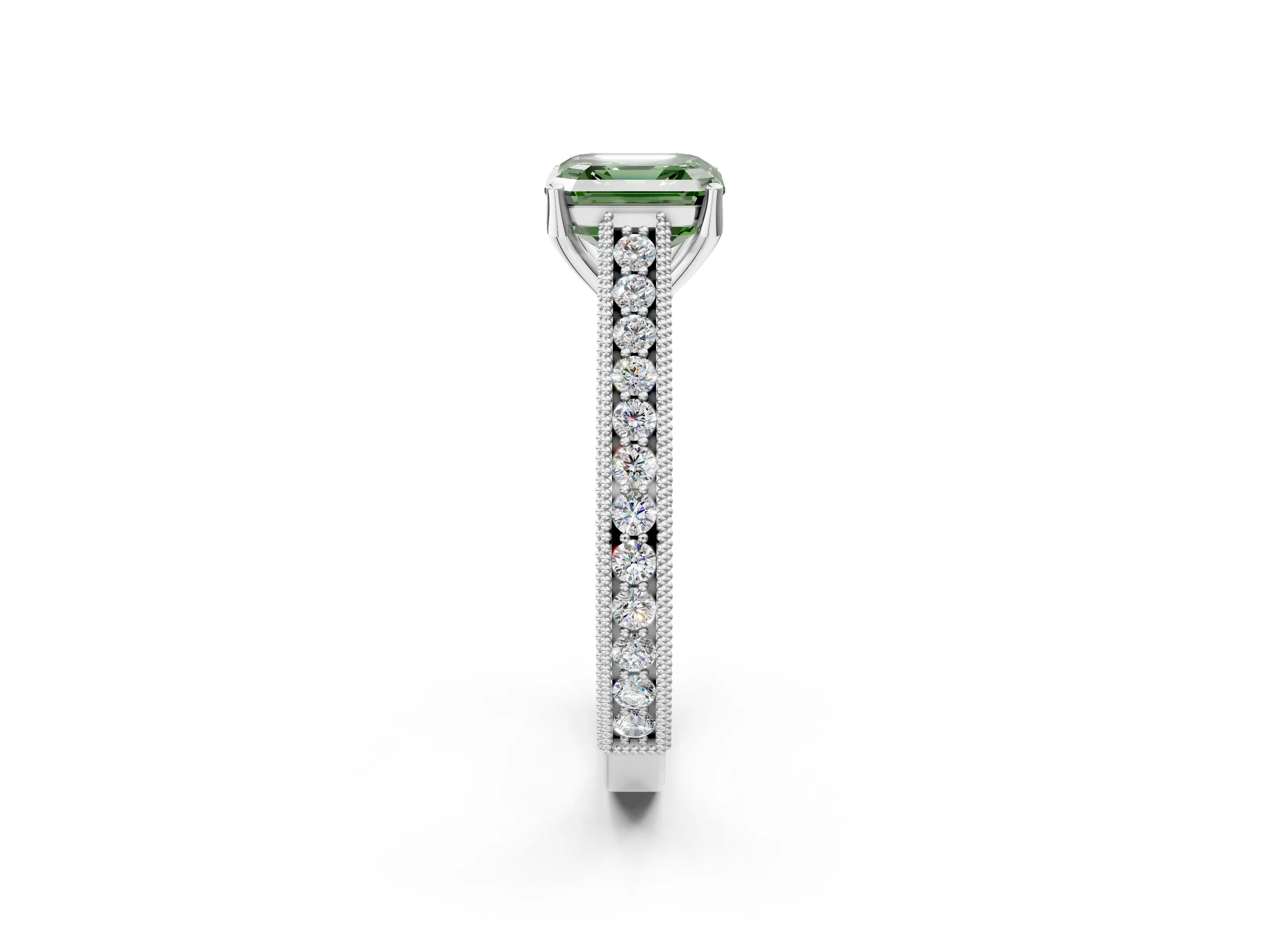 White gold Fancy Green Asscher Cut Cut Pave Band Milgrain Solitaire Ring_2