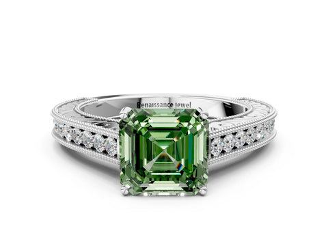 White gold Fancy Green Asscher Cut Cut Pave Band Milgrain Solitaire Ring